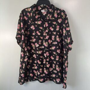 Michele Michelle Women‎ Black Short sleeve Shirt w pink florals, size 2X